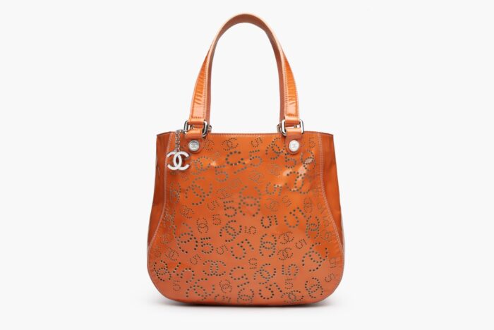 Chanel Orange Perforated CC Patent Tote Bag