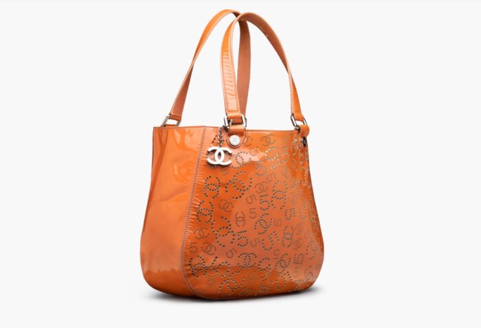 Chanel Orange Perforated CC Patent Tote Bag - Image 3