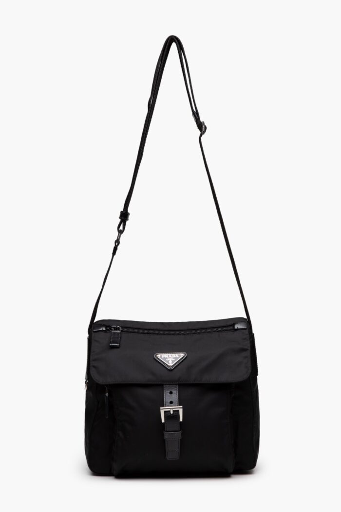 Prada Black Canvas Single Buckle Cross Body Flap Bag